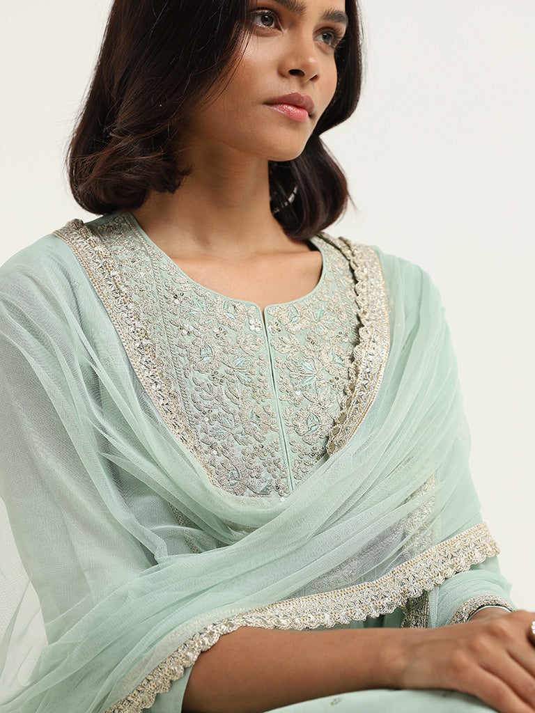 Vark Pastel Green Embroidered Cotton Blend Kurta with Palazzos and Dupatta