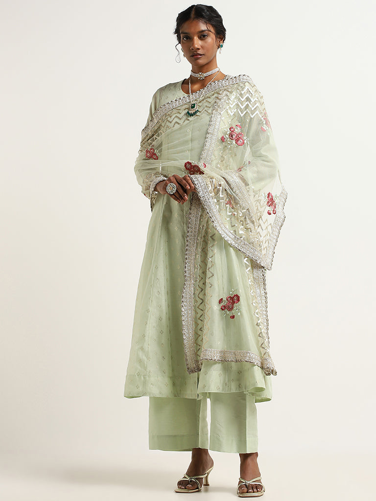 Vark Green Embroidered Kurta, Inner, Pants & Dupatta Set