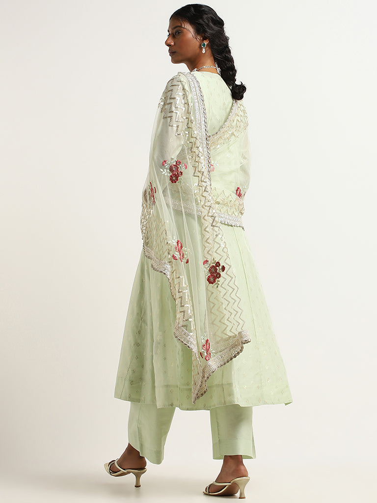 Vark Green Embroidered Kurta, Inner, Pants & Dupatta Set