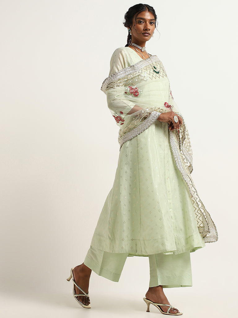 Vark Green Embroidered Kurta, Inner, Pants & Dupatta Set