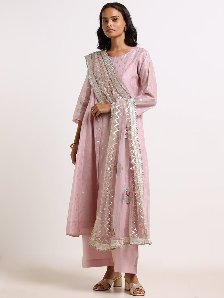 Vark Lilac Embroidered Kurta, Inner, Pants & Dupatta Set