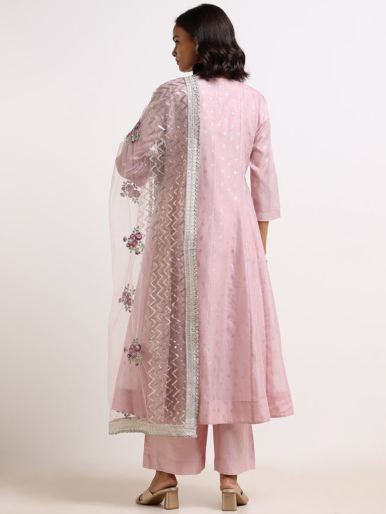 Vark Lilac Embroidered Kurta, Inner, Pants & Dupatta Set