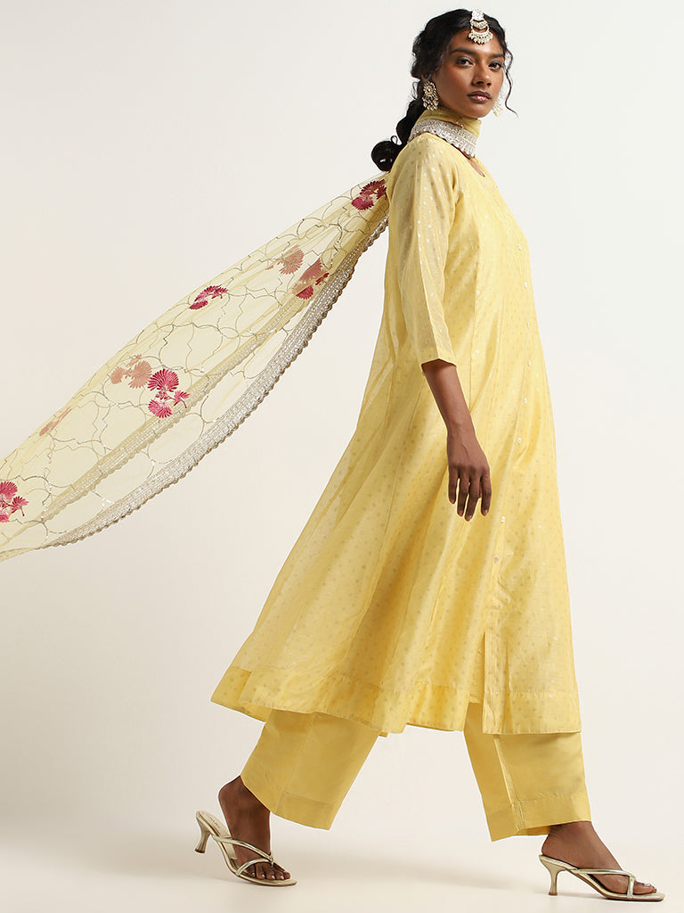 Vark Yellow Printed Cotton Kurta, Pants and Dupatta Set