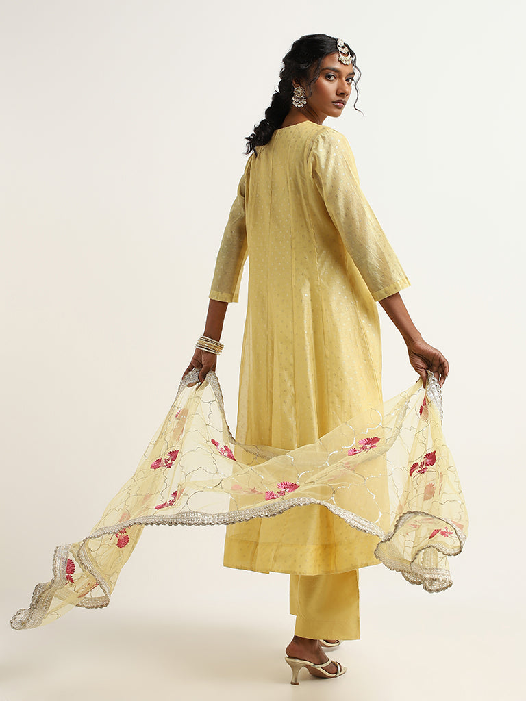 Vark Yellow Printed Cotton Kurta, Pants and Dupatta Set