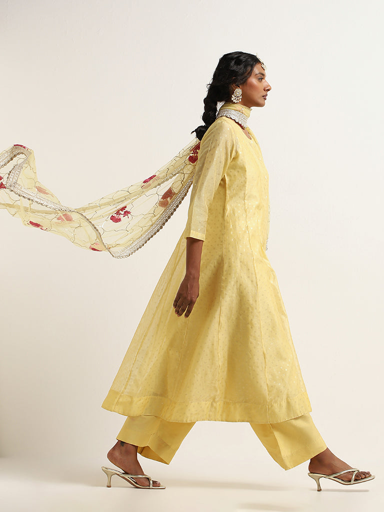 Vark Yellow Printed Cotton Kurta, Pants and Dupatta Set