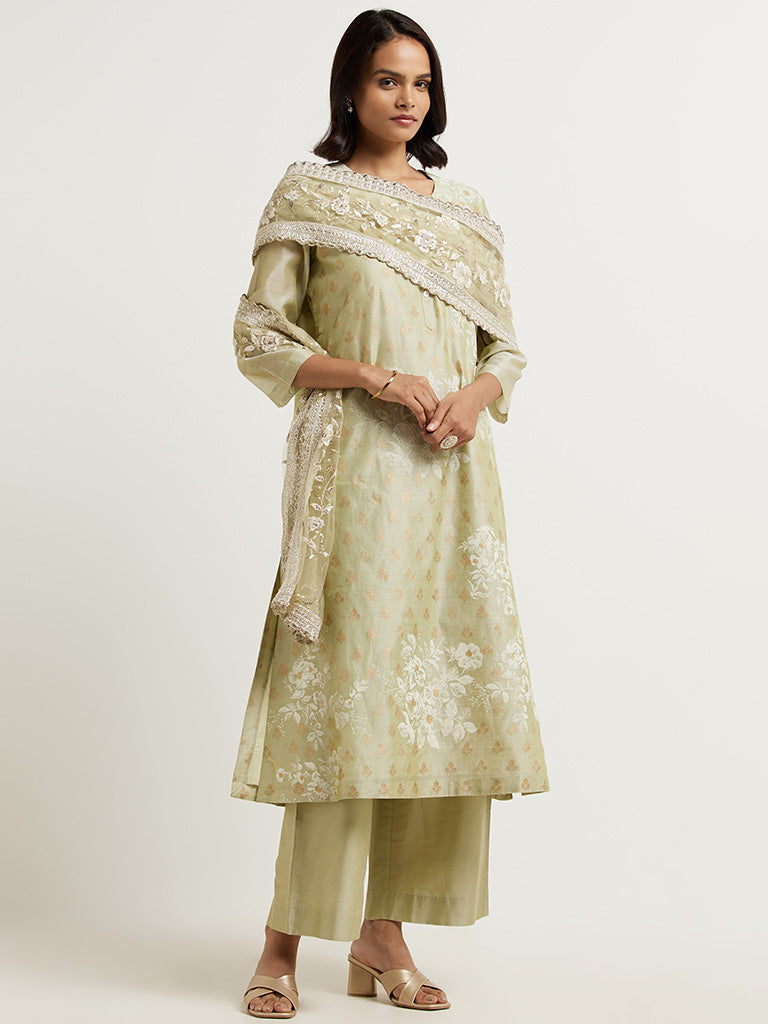 Vark Dull Green Printed Cotton Blend Kurta with Palazzos and Dupatta