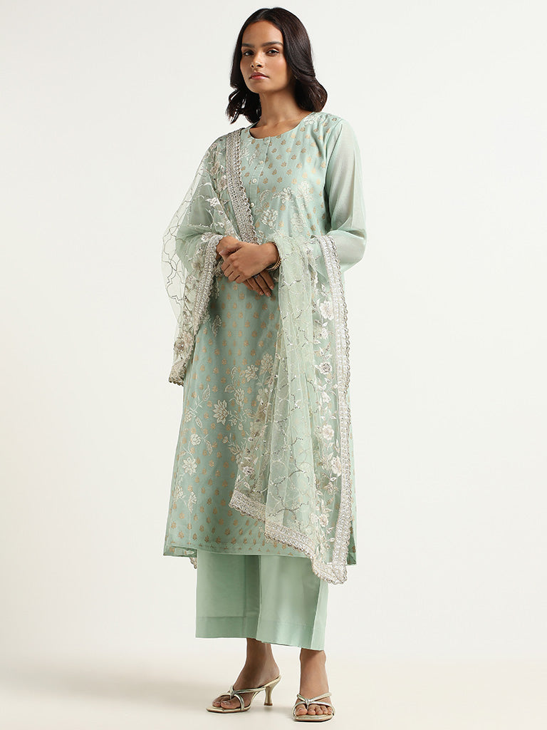 Vark Turquoise Printed Cotton Blend Kurta with Palazzos and Dupatta