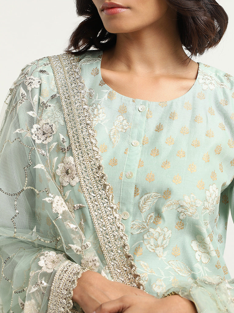 Vark Turquoise Printed Cotton Blend Kurta with Palazzos and Dupatta