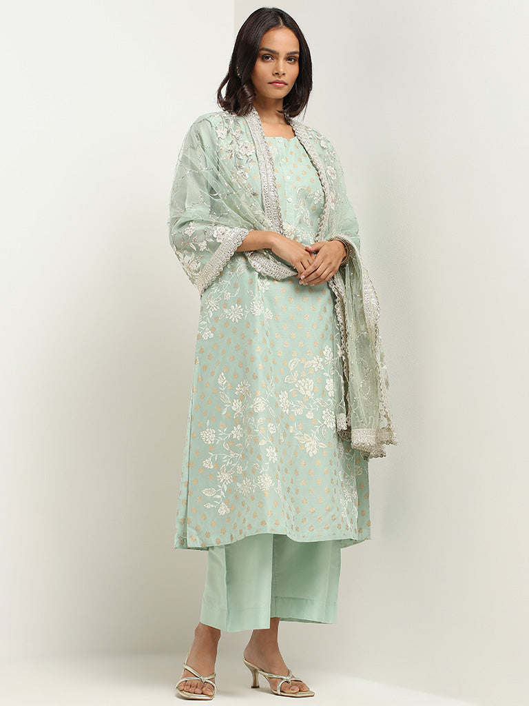 Vark Turquoise Printed Cotton Blend Kurta with Palazzos and Dupatta