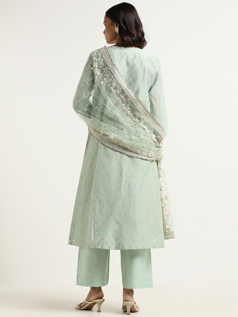 Vark Turquoise Printed Cotton Blend Kurta with Palazzos and Dupatta