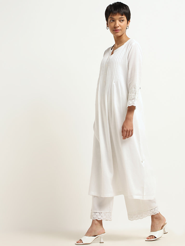 Utsa White Cotton Pintuck Kurta