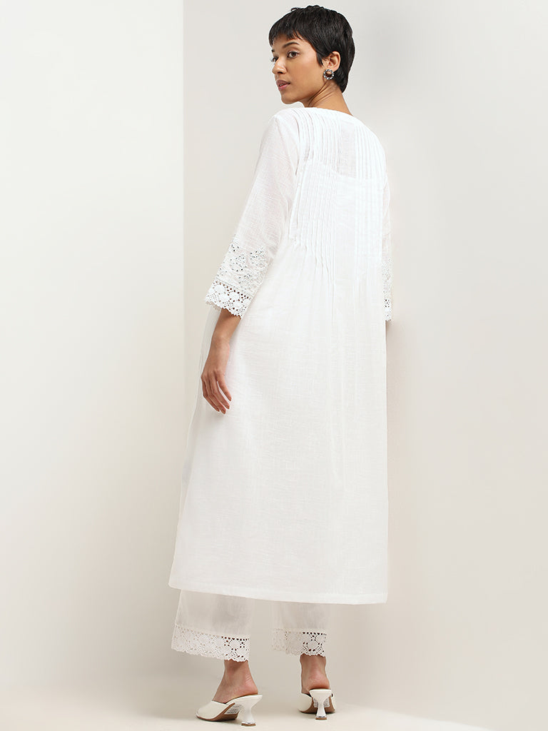 Utsa White Cotton Pintuck Kurta