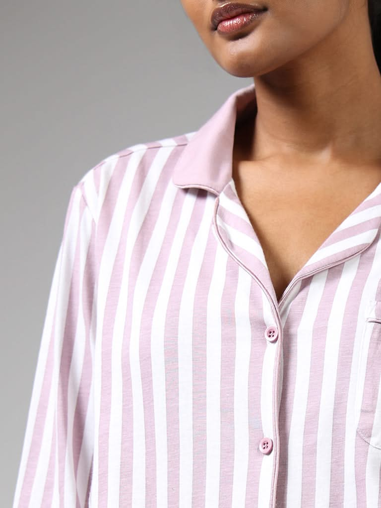 Wunderlove Pink Striped Cotton Shirt and Pyjama Set