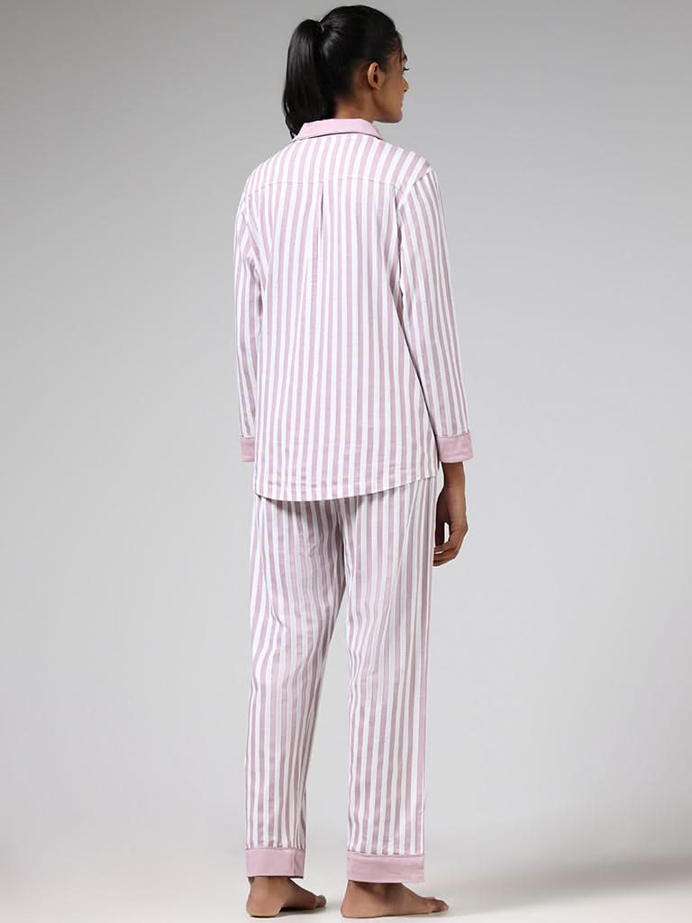 Wunderlove Pink Striped Cotton Shirt and Pyjama Set