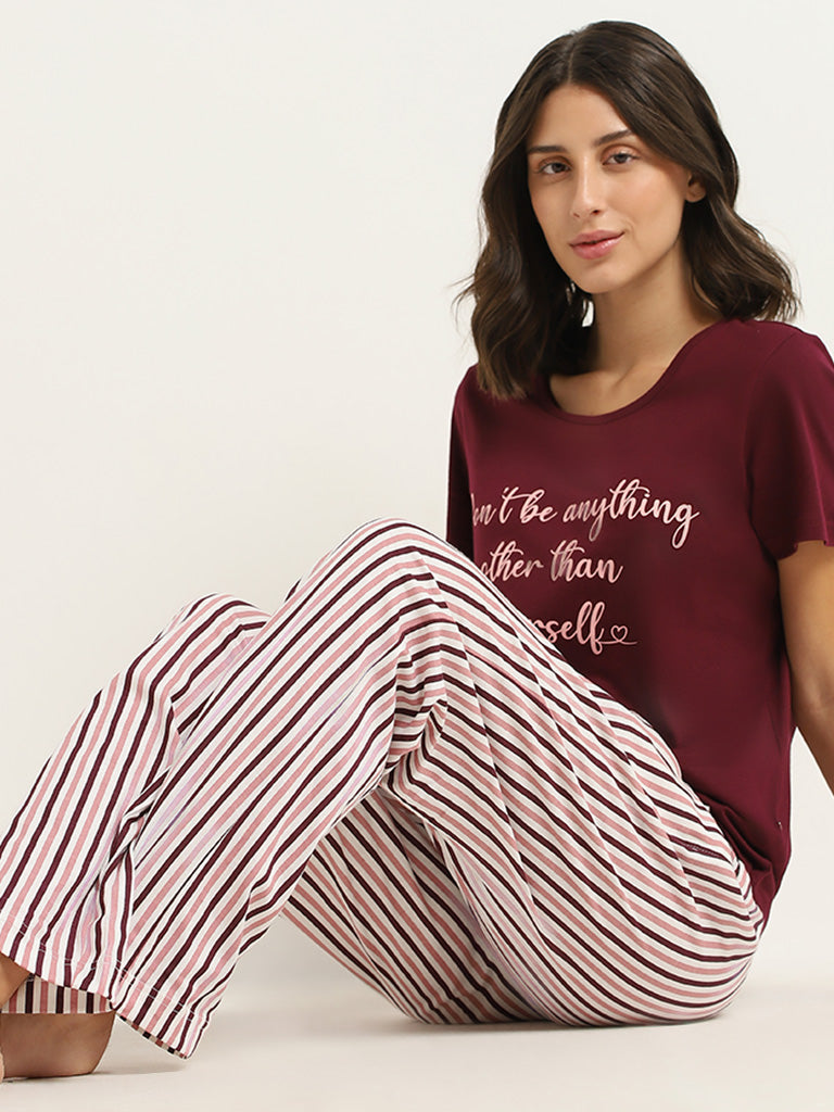 Wunderlove Maroon Striped Cotton Pyjamas