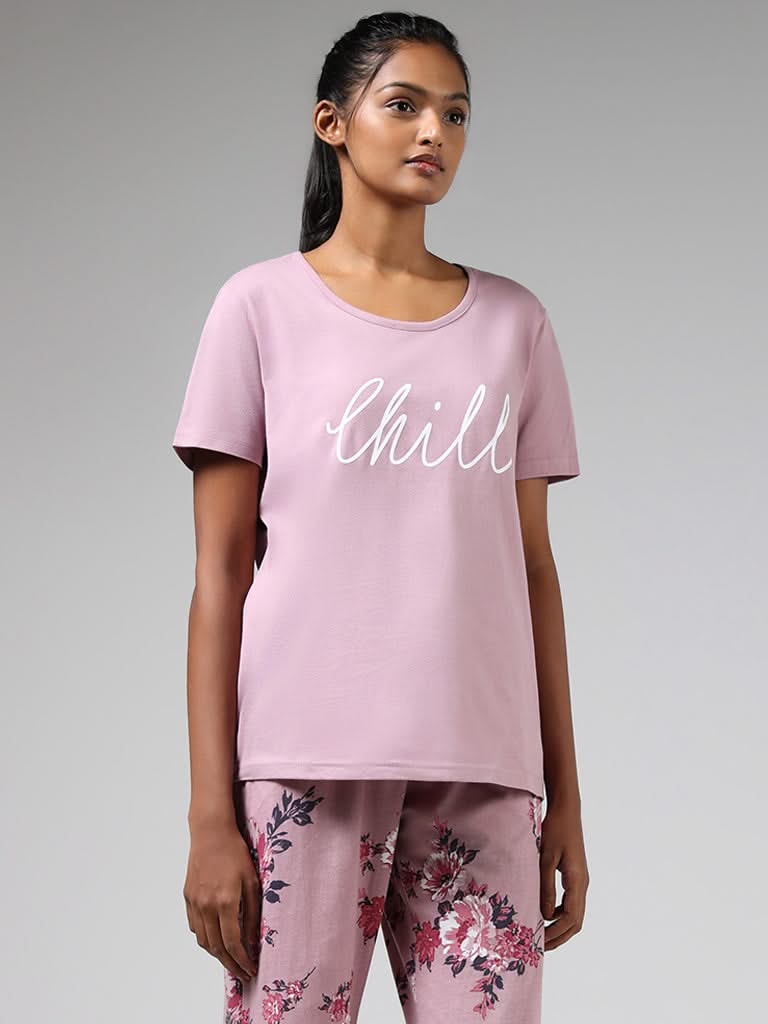 Wunderlove Pink Contrast Printed Cotton T-Shirt