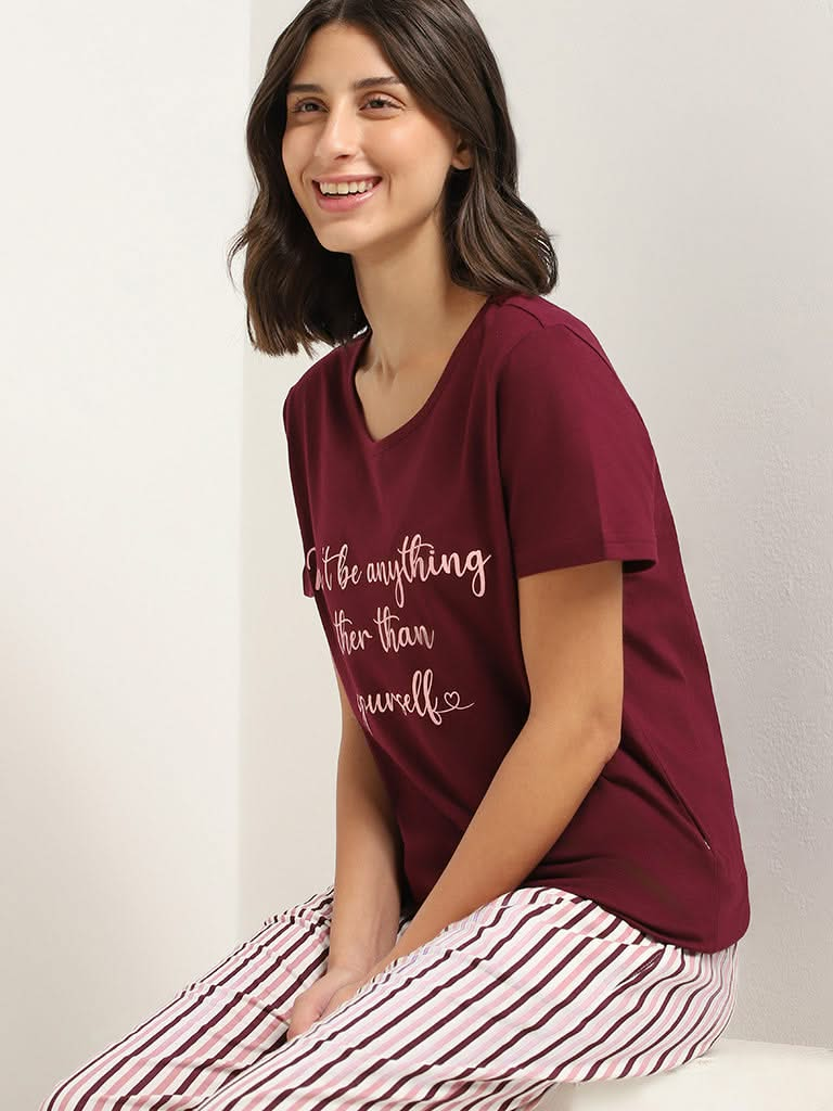 Wunderlove Maroon Contrast Printed Cotton T-Shirt