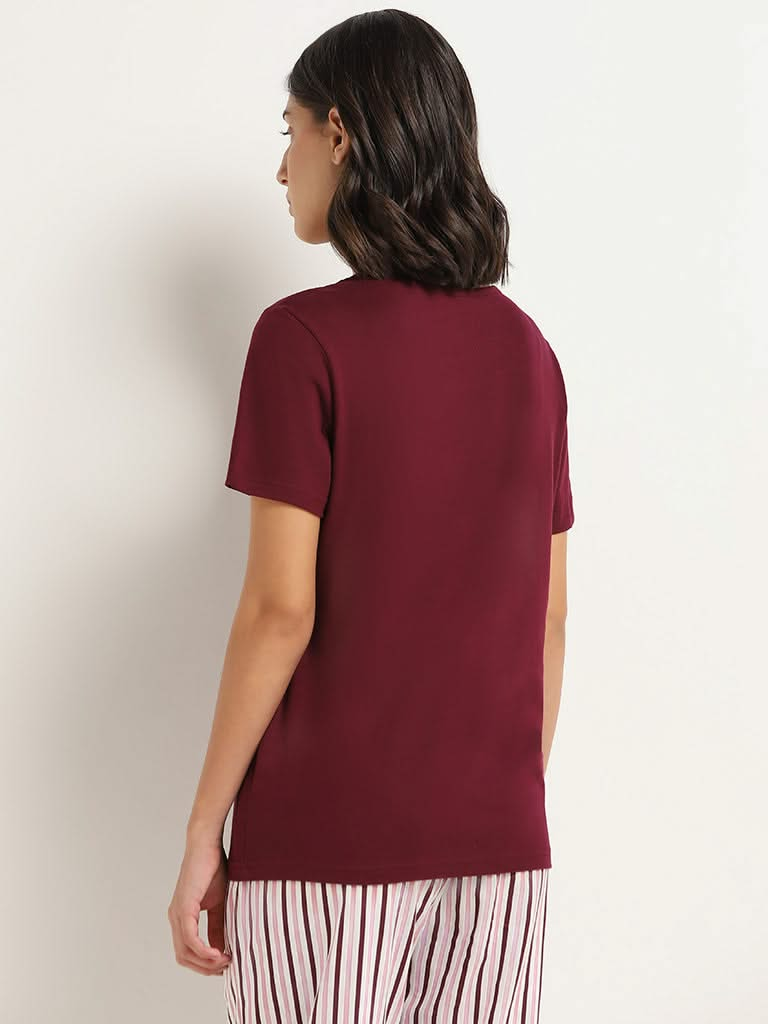 Wunderlove Maroon Contrast Printed Cotton T-Shirt