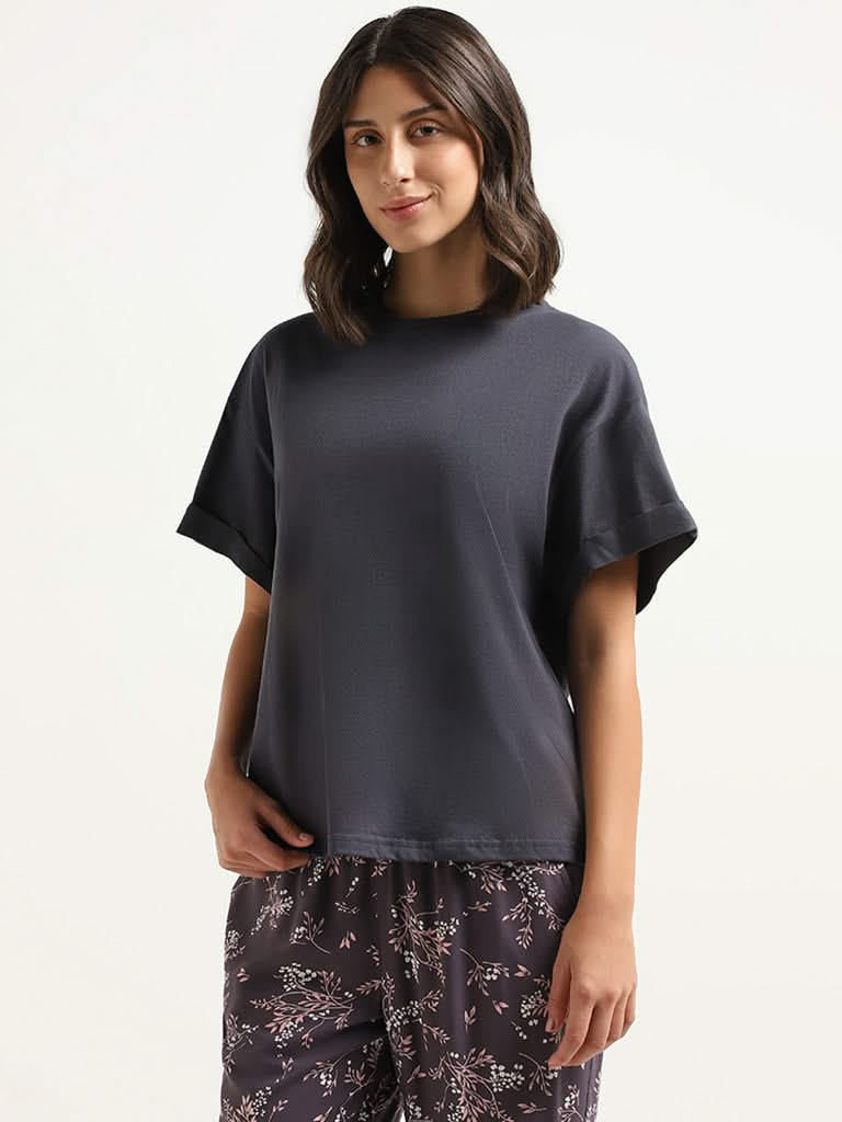 Wunderlove Plain Dark Grey Cotton T-Shirt