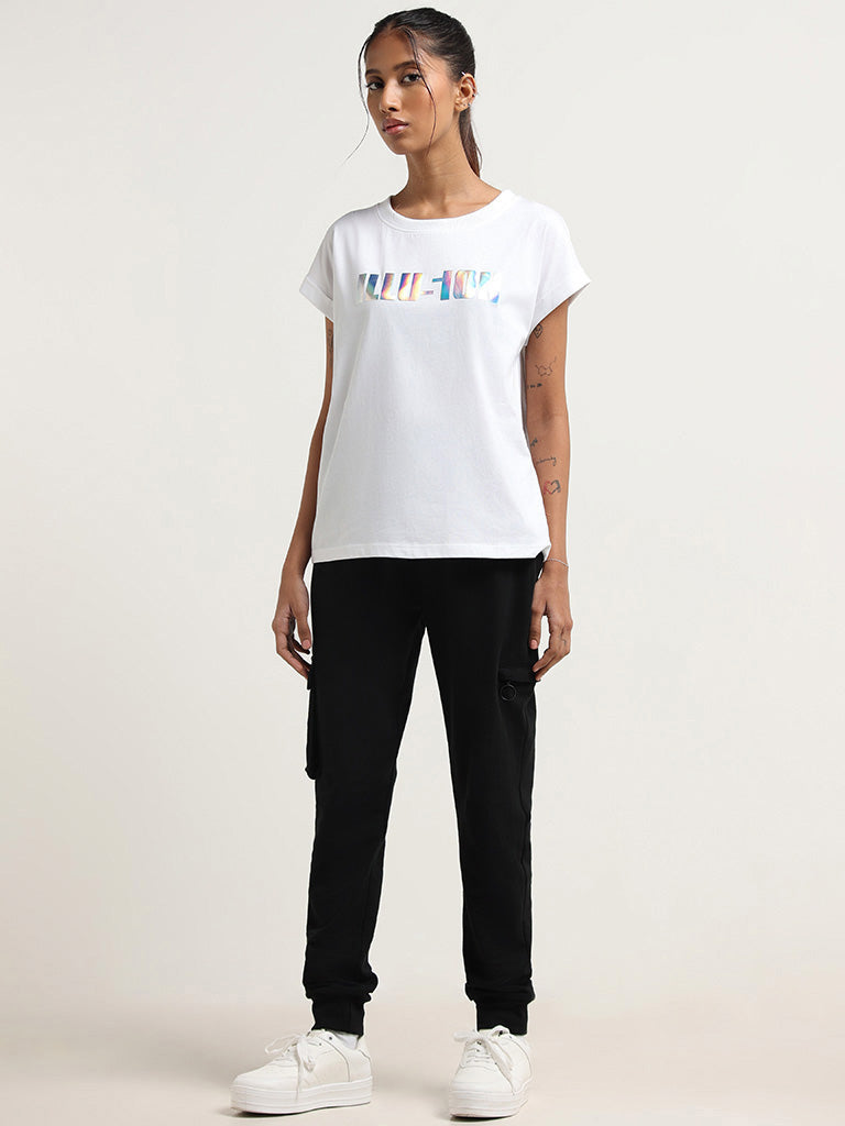 Studiofit White Contrast Print Cotton T-Shirt