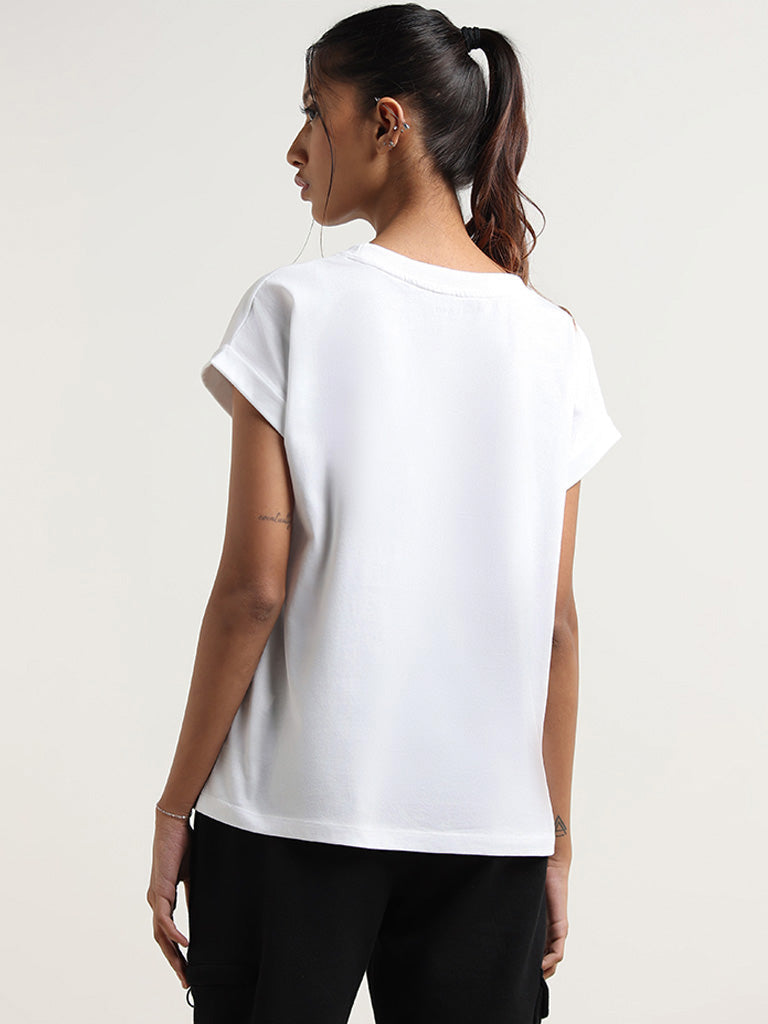 Studiofit White Contrast Print Cotton T-Shirt