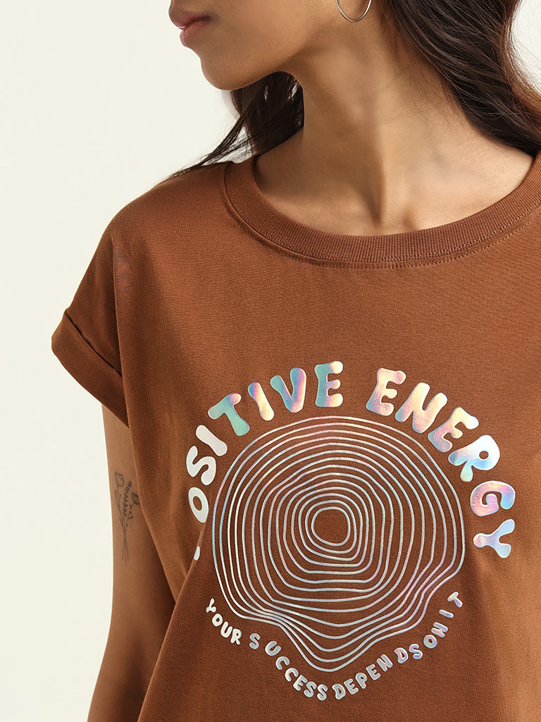 Studiofit Brown Printed Cotton T-Shirt