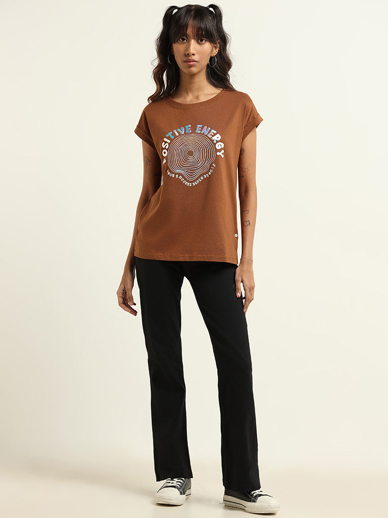 Studiofit Brown Printed Cotton T-Shirt