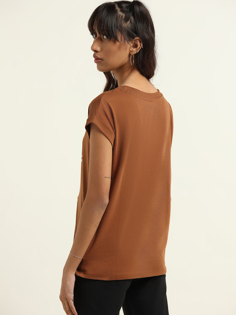 Studiofit Brown Printed Cotton T-Shirt