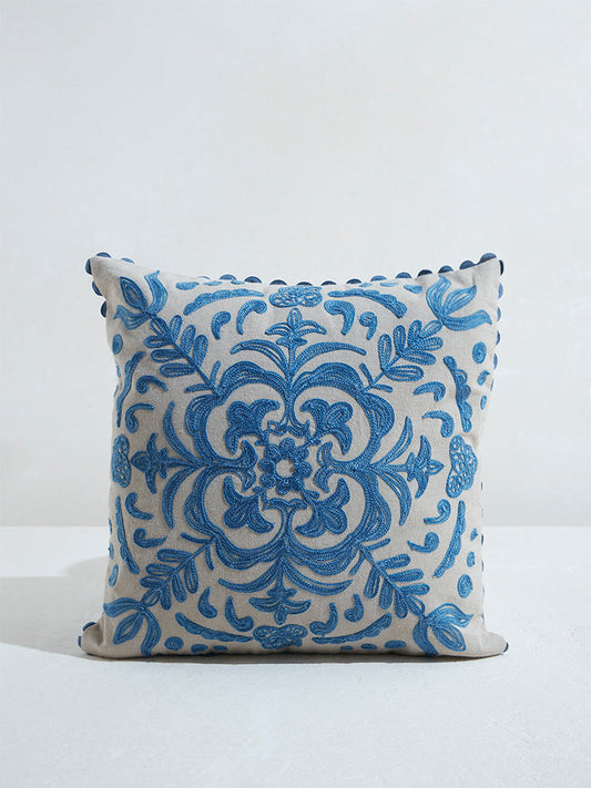 Westside Home Blue Damask Embroidered Cushion Cover