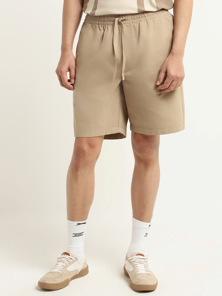 WES Lounge Beige Cotton Relaxed Fit Shorts