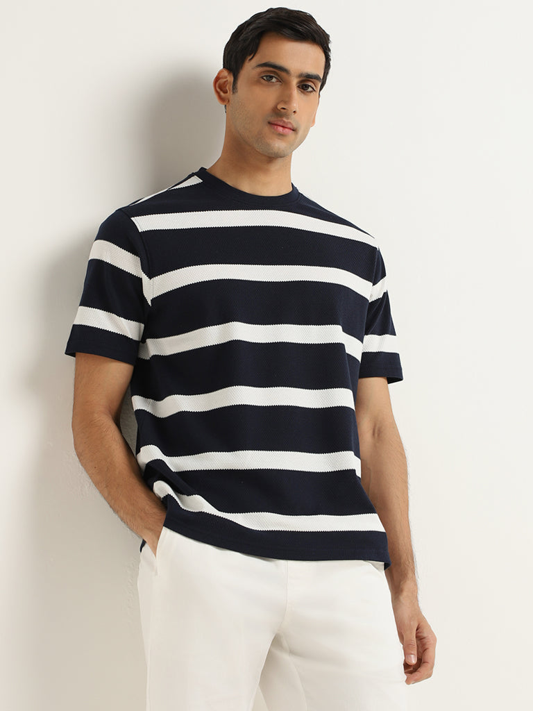 WES Lounge Navy Striped Cotton Blend Relaxed Fit T-Shirt