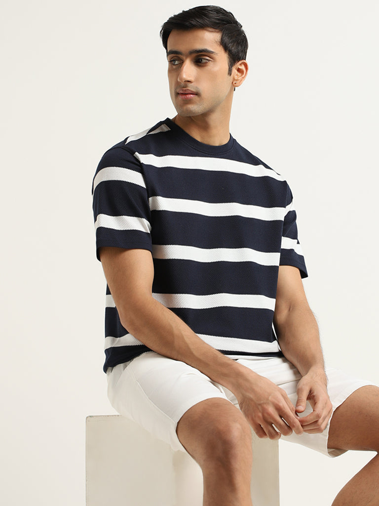 WES Lounge Navy Striped Cotton Blend Relaxed Fit T-Shirt