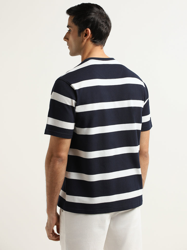 WES Lounge Navy Striped Cotton Blend Relaxed Fit T-Shirt