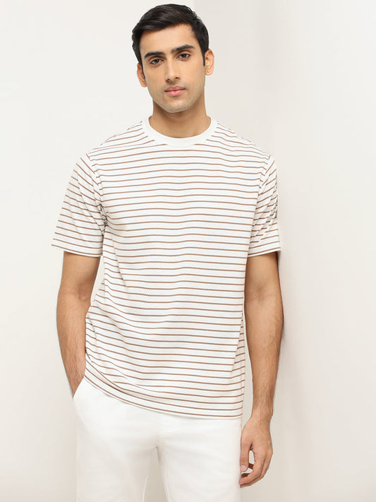 WES Lounge White Striped Cotton Blend Relaxed Fit T-Shirt