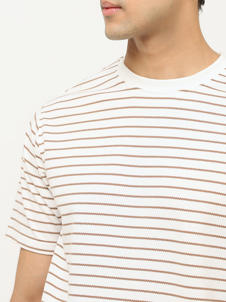 WES Lounge White Striped Cotton Blend Relaxed Fit T-Shirt