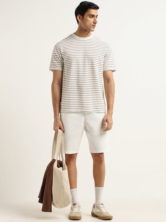 WES Lounge White Striped Cotton Blend Relaxed Fit T-Shirt