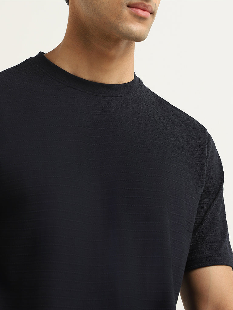 WES Lounge Navy Self-Patterned Cotton Blend Relaxed Fit T-Shirt