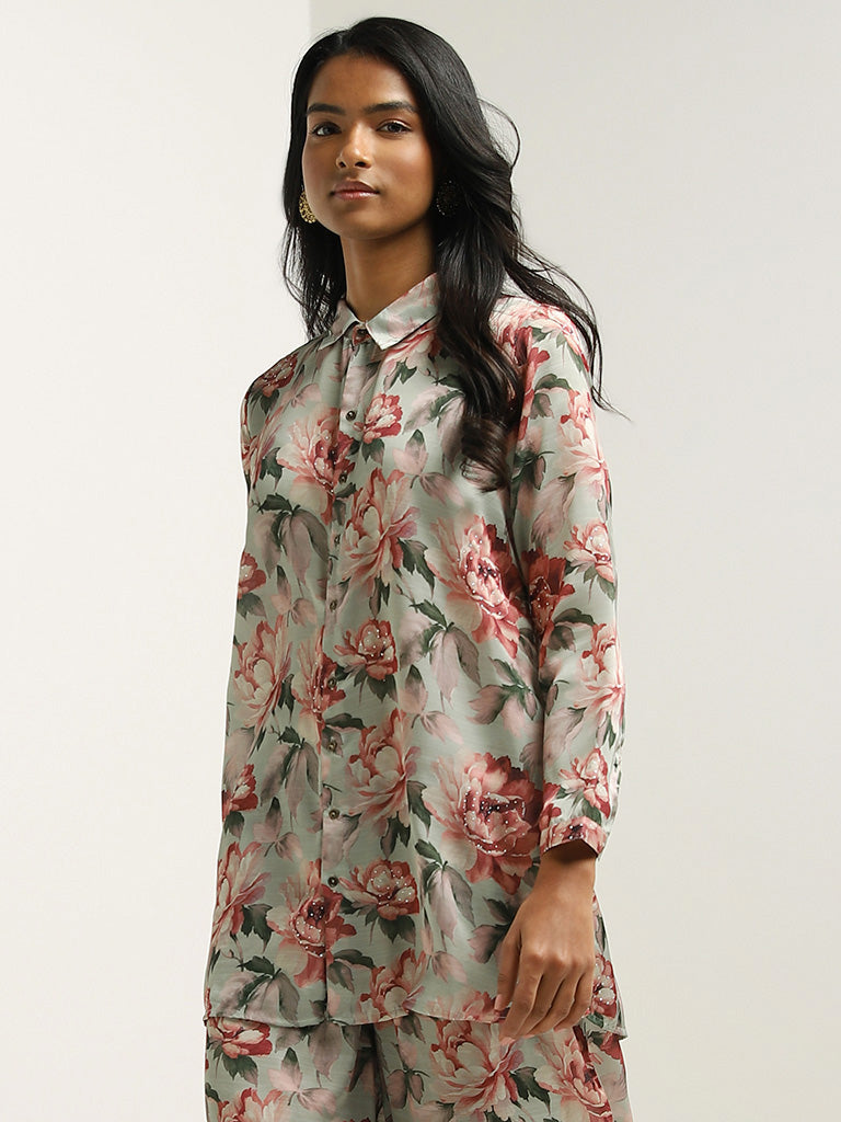 Vark Green Floral Printed Tunic and Palazzos Set