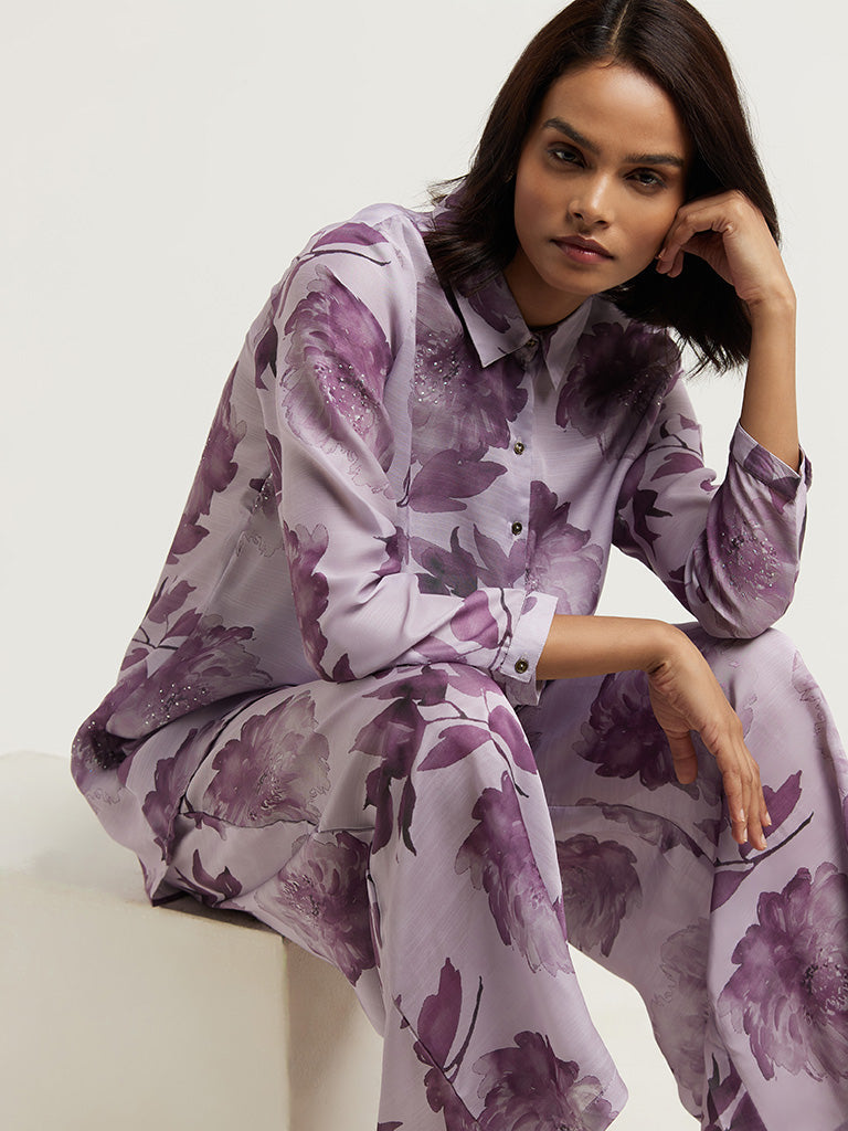 Vark Lilac Floral Printed Tunic and Palazzos Set