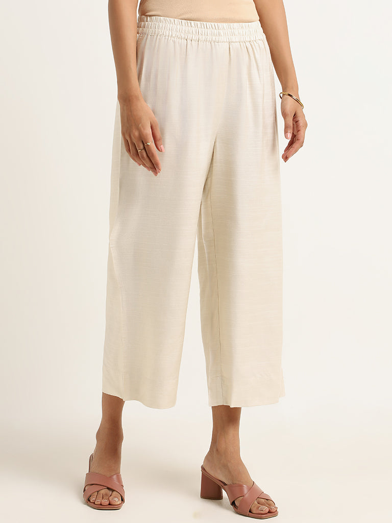 Zuba Off-White Plain Palazzos