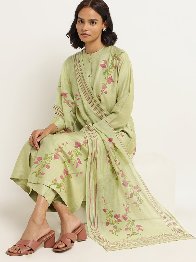 Zuba Green Printed Cotton Blend Stole