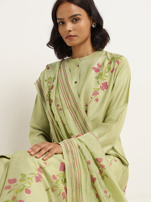 Zuba Green Printed Cotton Blend Stole