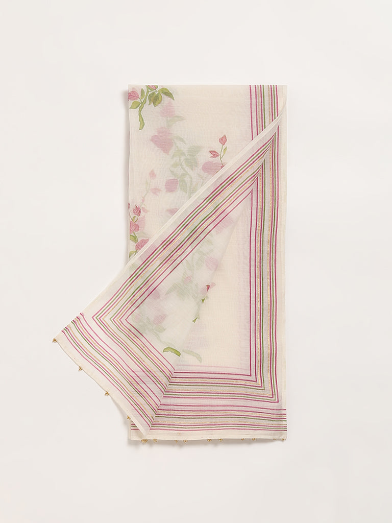 Zuba Off-White Printed Cotton Blend Dupatta