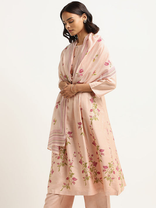 Zuba Peach Floral Cotton Blend Dupatta