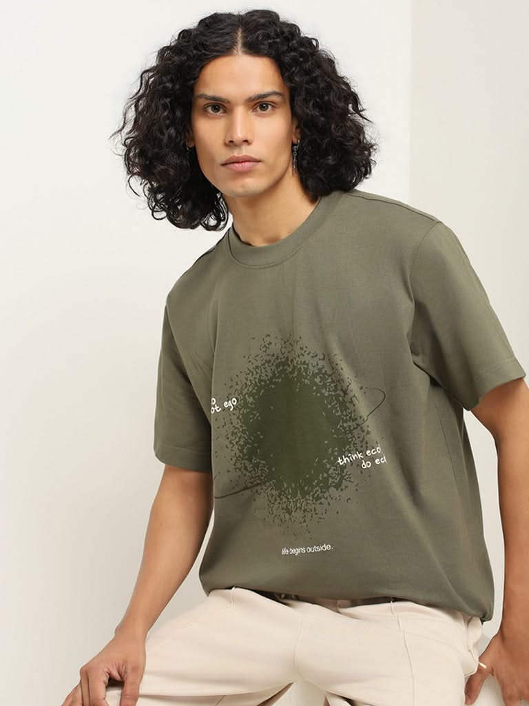 Studiofit Green Printed Cotton Relaxed Fit T-Shirt