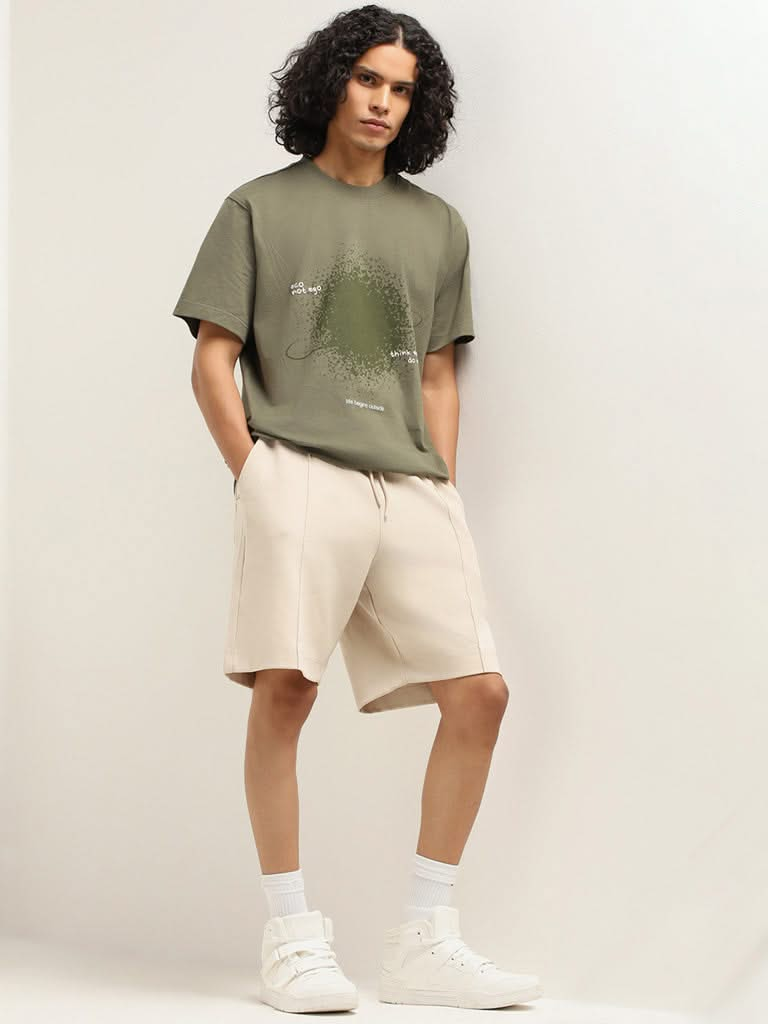 Studiofit Green Printed Cotton Relaxed Fit T-Shirt