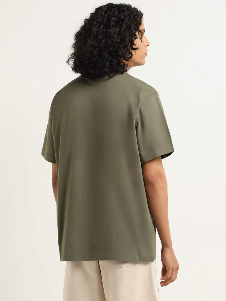 Studiofit Green Printed Cotton Relaxed Fit T-Shirt