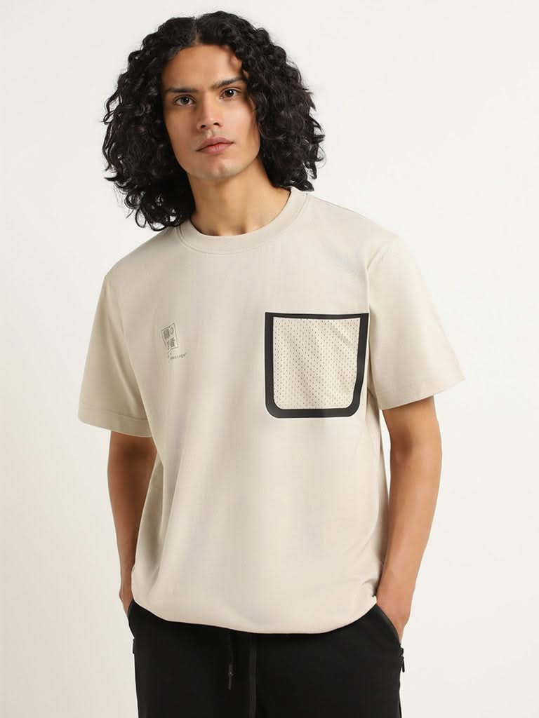 Studiofit Beige Printed Relaxed Fit T-Shirt