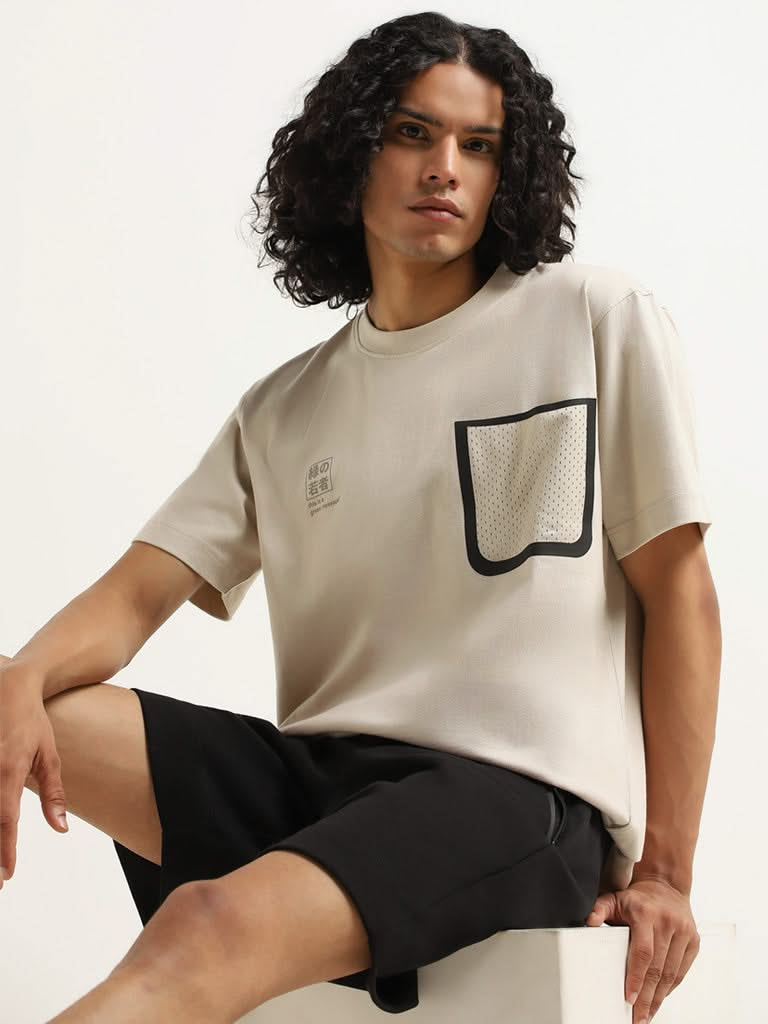 Studiofit Beige Printed Relaxed Fit T-Shirt