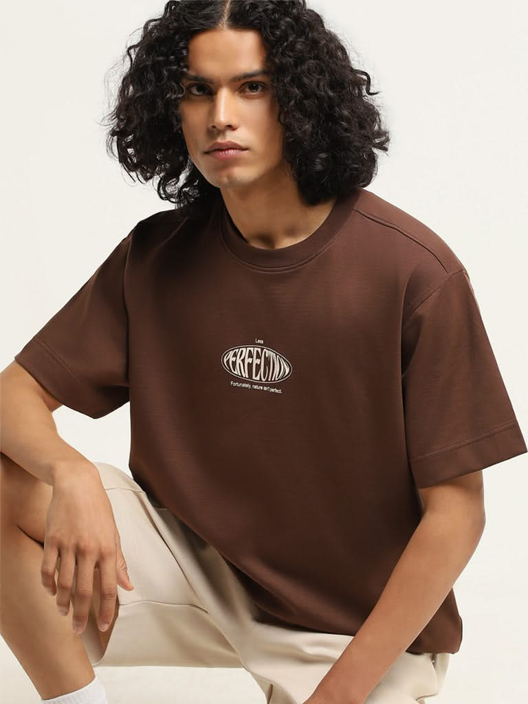 Studiofit Brown Printed Cotton Blend Relaxed Fit T-Shirt